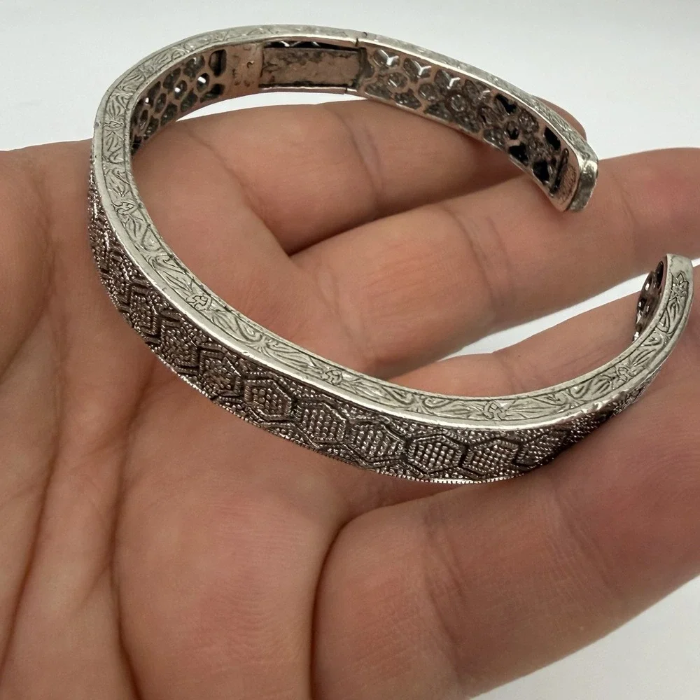 Vtg 925 Sterling Silver Diamond Cuff Bracelet Open Work Honey Comb Designer JSP